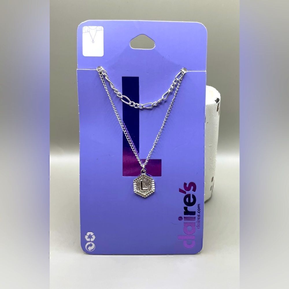 🔥❤️🔥 “L” NEW Silver Initial Hexagon Pendant Chain Necklace Set Monogram NWT